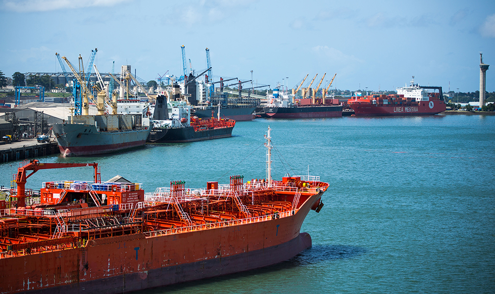 KENYA, Mombasa: Photograph taken by the Kenyan Ministry of East African Affairs, Commerce and Tourism (MEAACT) 31 July shows ships anchored inside Mombasa Port on Kenya's Indian Ocean coast. MANDATORY CREDIT: MEAACT PHOTO / STUART PRICE.